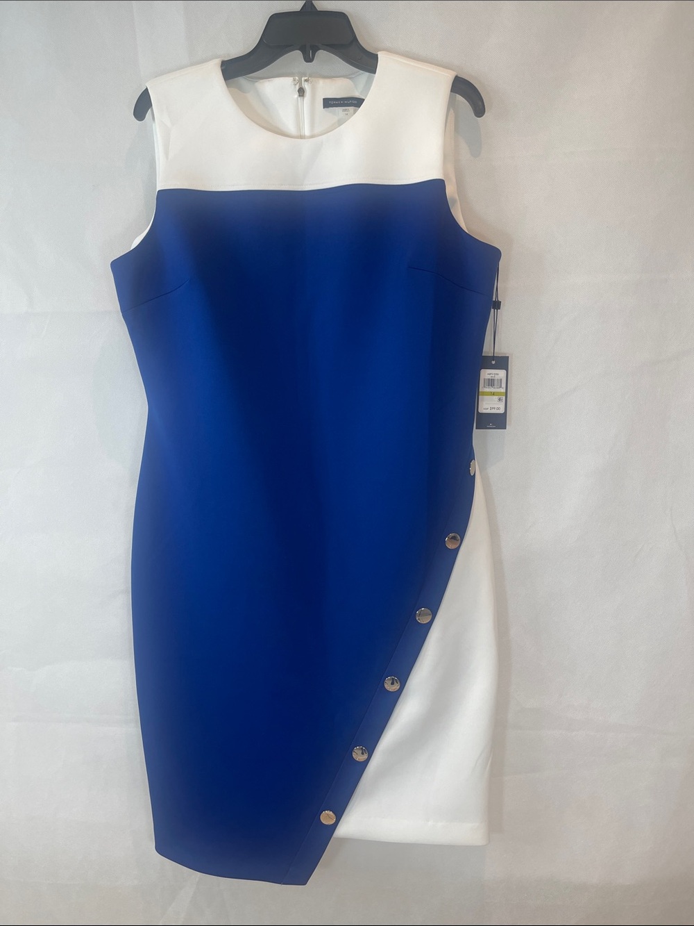 Tommy Hilfiger Blue and White Sleeveless Sheath Dress with Side Button Detail - Picture 8 of 10